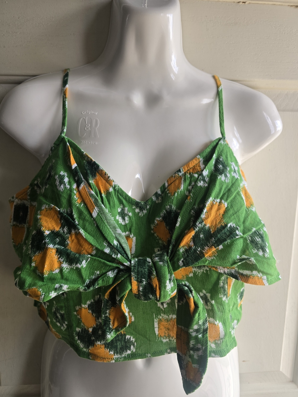 aerie Green Floral Tie-Front Crop Cami with Yellow Accents